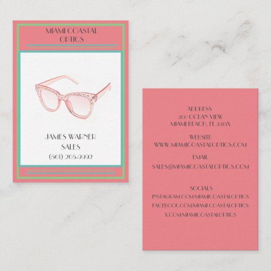 Retail Coral Retro 80's Miami Zonnebril Visitekaartje (Voorkant / Achterkant)