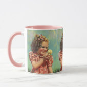 Retemeisje met babykuiken, gelukkig kind lacht mok (Links)