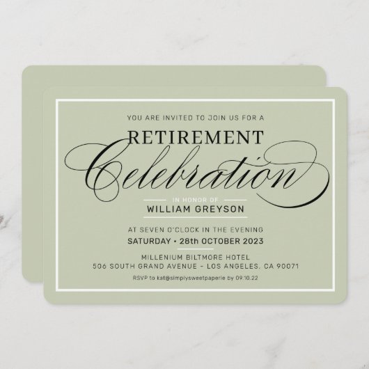 RETIREMENT CELEBRATION DINNER modern sage green Kaart (Voorkant / Achterkant)