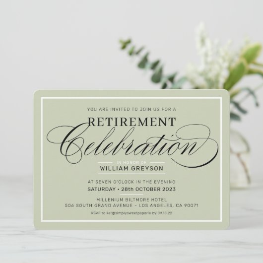 RETIREMENT CELEBRATION DINNER modern sage green Kaart (Staand voorkant)