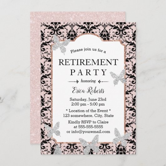 Retirement Damask Blush Pink Glitter Butterfly Kaart (Voorkant / Achterkant)