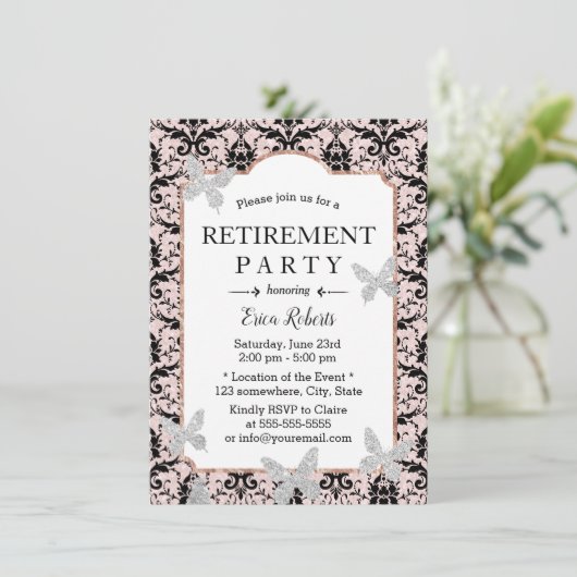 Retirement Damask Blush Pink Glitter Butterfly Kaart (Staand voorkant)