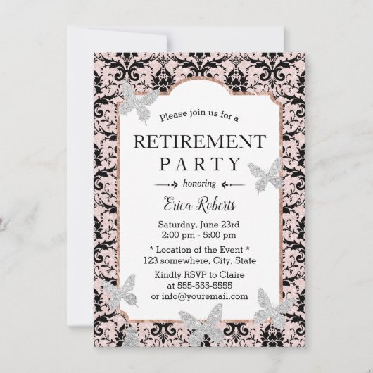 Retirement Damask Blush Pink Glitter Butterfly Kaart (Voorkant)