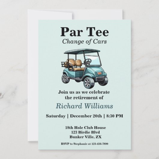 Retirement Golf Cart Par T-shirt Thema Uitnodiging (Voorkant)