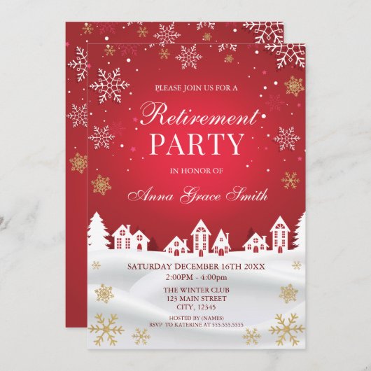 Retirement Holiday Party Red Winter  Invitation Kaart (Voorkant / Achterkant)