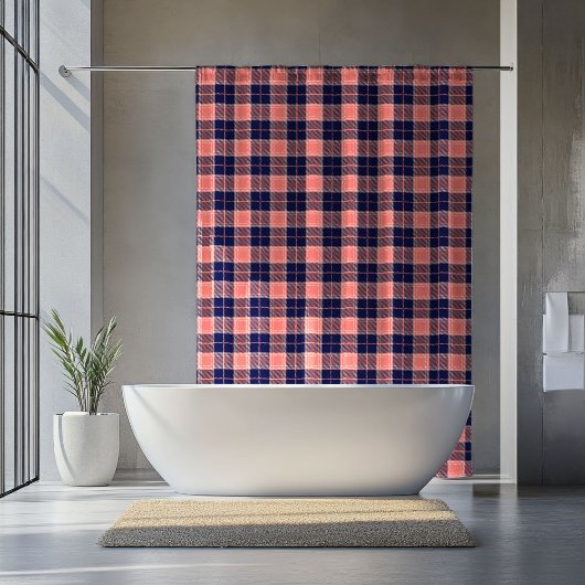 Retirement Home Curtain Coral Navy Plaid Design Douchegordijn