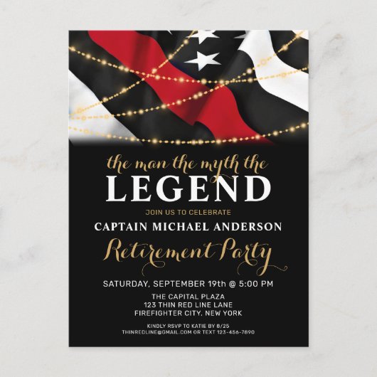 Retirement Legend Thin Red Line Firefighter Retire Uitnodiging Briefkaart (Voorkant)