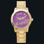 Retirement muziekleraar paarse gouden notes horloge<br><div class="desc">Eenvoudig en elegant cadeau voor een vrouw muziekleraar! Een klassieke Paarse achtergrond met nepgouden muzieknoten. Sjabloon voor een naam,  en de volgende: Dank u,  gouden letters. Dank u wordt geschreven met een modern handgeschreven stijlmanuscript met letters.</div>