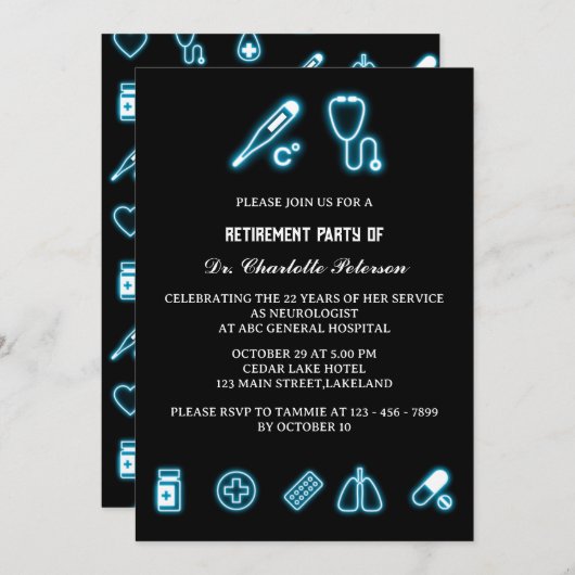 Retirement Party Neon Blue Medical Element Kaart (Voorkant / Achterkant)