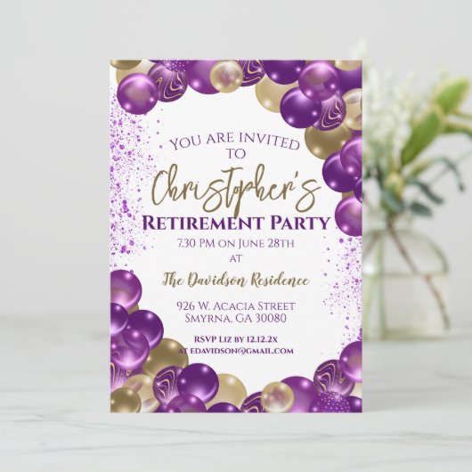 Retirement Party Purple Gold Balloons Kaart (Staand voorkant)