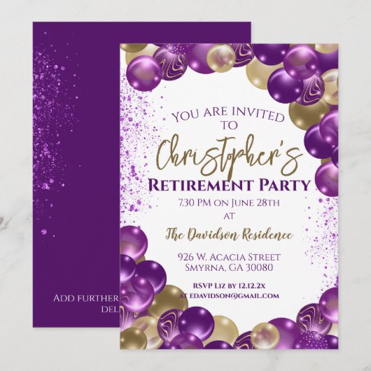Retirement Party Purple Gold Balloons Kaart (Voorkant / Achterkant)