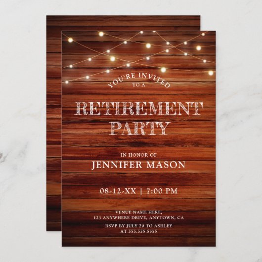 Retirement Party Rustic Wood String Lights Eenvoud Kaart (Voorkant / Achterkant)