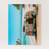 Retirement-thema busje op tropisch strand legpuzzel (Verticaal)
