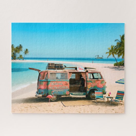 Retirement-thema busje op tropisch strand legpuzzel (Horizontaal)