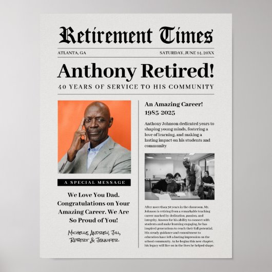 Retirement Times Newspaper Poster for Framed Gift (Voorkant)