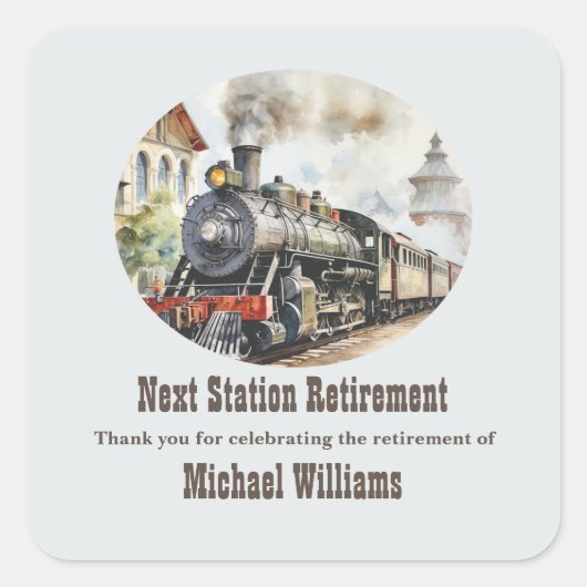 Retirement Travel Thema Party Trein Volgend Statio Vierkante Sticker (Voorkant)