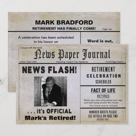 RETIRETIENIEUWS FLASH INVITE -FOTO & NAME INSERT KAART (Voorkant / Achterkant)