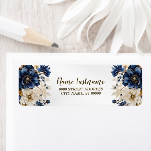Retour Adres Trouwen Marine Blauw Witte Bloemen Etiket (Insitu)