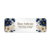 Retour Adres Trouwen Marine Blauw Witte Bloemen Etiket (Voorkant)