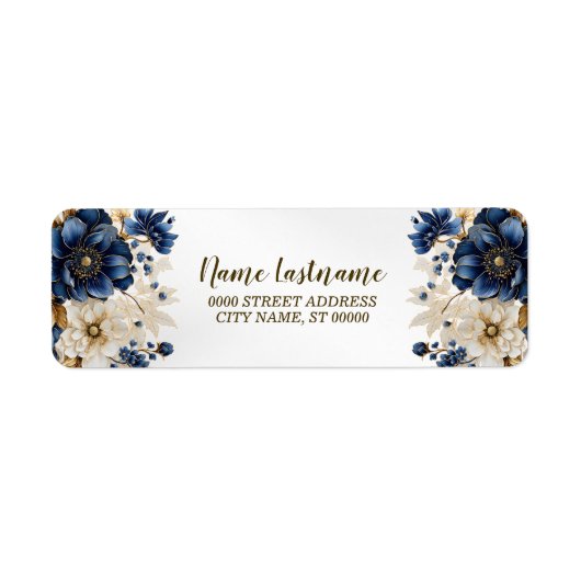 Retour Adres Trouwen Marine Blauw Witte Bloemen Etiket (Voorkant)