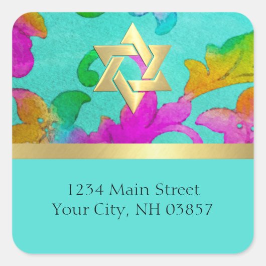 Retouradres Aqua en roze Waterverf Damask Vierkante Sticker (Voorkant)