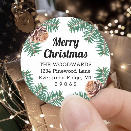 Retouradres Christmas Greenery & Pine Cones Ronde Sticker
