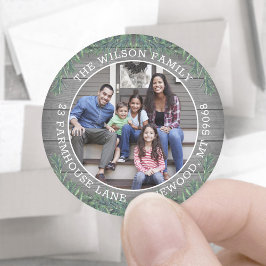Retouradres en foto Christmas Greenery & Wood Ronde Sticker