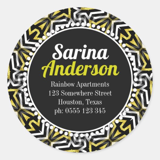 Retouradres Gold en Black Sparkle Patter Ronde Sticker (Voorkant)