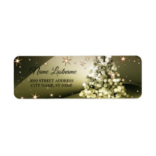 Retouradres Kerst Gouden Boom Glanzende Sterren Etiket