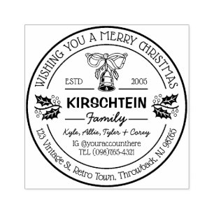 Retouradres Kerstmis Familie Bell Holly Berries Rubberstempel