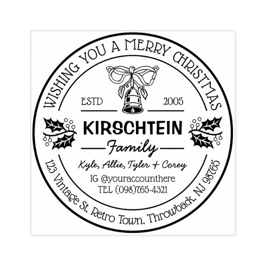 Retouradres Kerstmis Familie Bell Holly Berries Rubberstempel (Afrduk)