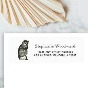Retouradres met vintage gehoornde uil zwart-wit etiket