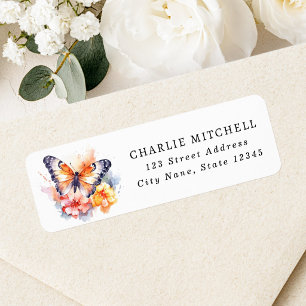 Retouradres met waterverf vlinder en bloemen etiket