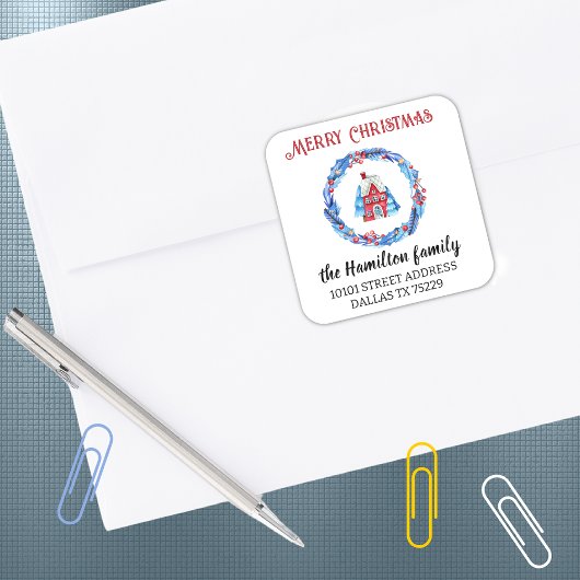 Retouradres Red House krans Vrolijk kerstfeest Vierkante Sticker