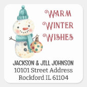 Retouradres Sneeuwman Warm Winter Wensen Vierkante Sticker (Voorkant)