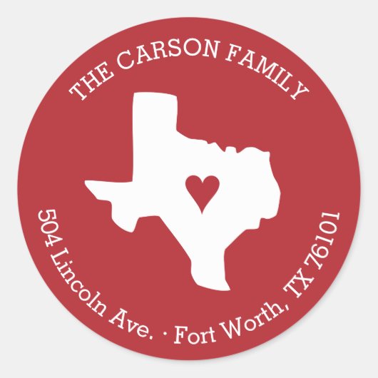 Retouradres Texas State met hart op stad Ronde Sticker (Voorkant)