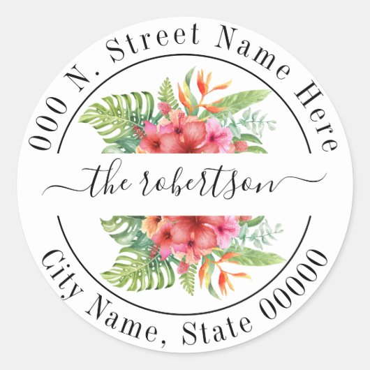 Retouradres tropische bloemen ronde sticker (Voorkant)