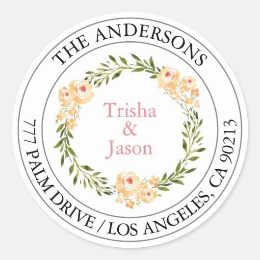 Retouradres W/C Perzik Bloemen Koraal/Grijs/Zwart Ronde Sticker (Voorkant)