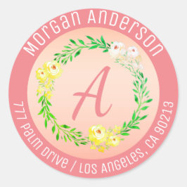 Retouradres, waterverf bloemen, koraal Schrift Ronde Sticker