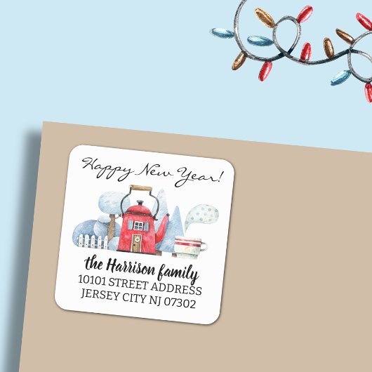 Retouradres Waterverf Kerstvakantie Huis Vierkante Sticker