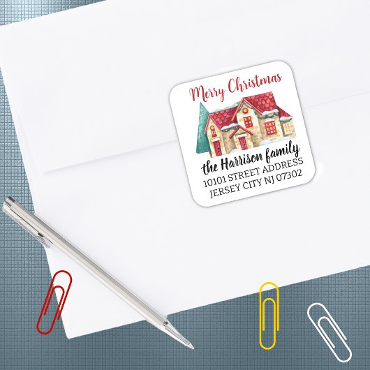 Retouradres Waterverf Kerstvakantie Huis Vierkante Sticker