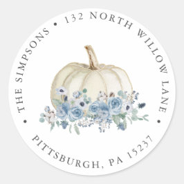 Retouradres witte en blauwe pompoen ronde sticker