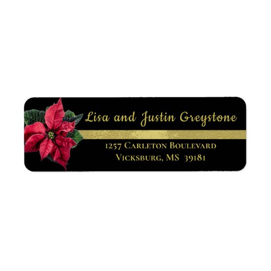 Retouradres zwart/goud en rood poinsettia etiket (Voorkant)
