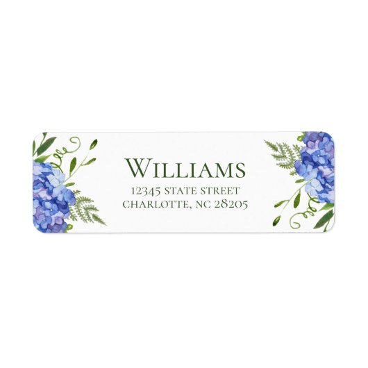 Retouradreskaartjes verlovingsfeest blauwe hortens etiket (Voorkant)
