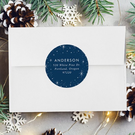 Retouradreslabel Bright Stars Navy Holiday Ronde Sticker