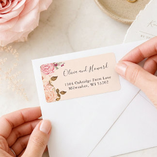 Retouradreslabel met vintage bloemmotief in blosro etiket