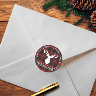 Retouradreslabels met rode buffelruitmotief en ren ronde sticker