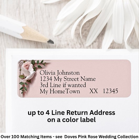 Retouradreslabels, Roze Rozen & Duiven Bruiloft Etiket