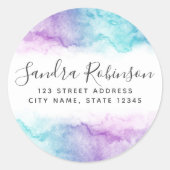 Retouradreslabels van Aqua blue paarse waterverf Ronde Sticker (Voorkant)