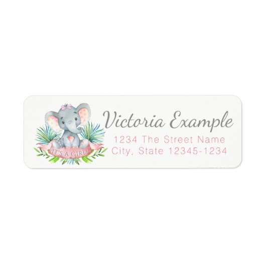 Retouradreslabels voor babyshower olifant meisje etiket (Voorkant)